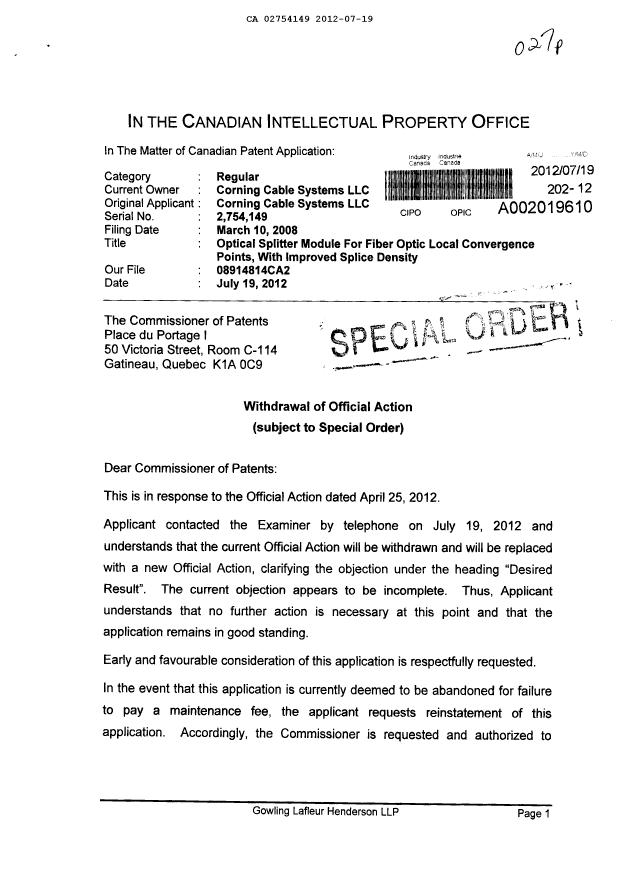 Canadian Patent Document 2754149. Prosecution-Amendment 20111219. Image 1 of 2
