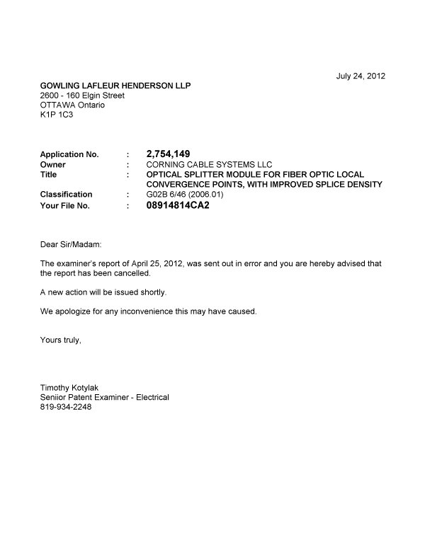 Document de brevet canadien 2754149. Correspondance 20111224. Image 1 de 1