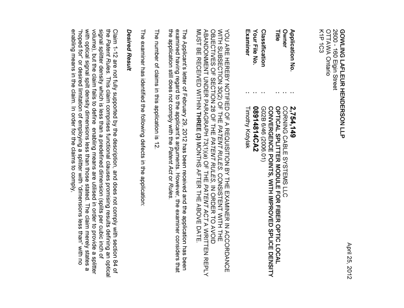 Canadian Patent Document 2754149. Prosecution-Amendment 20111225. Image 1 of 2