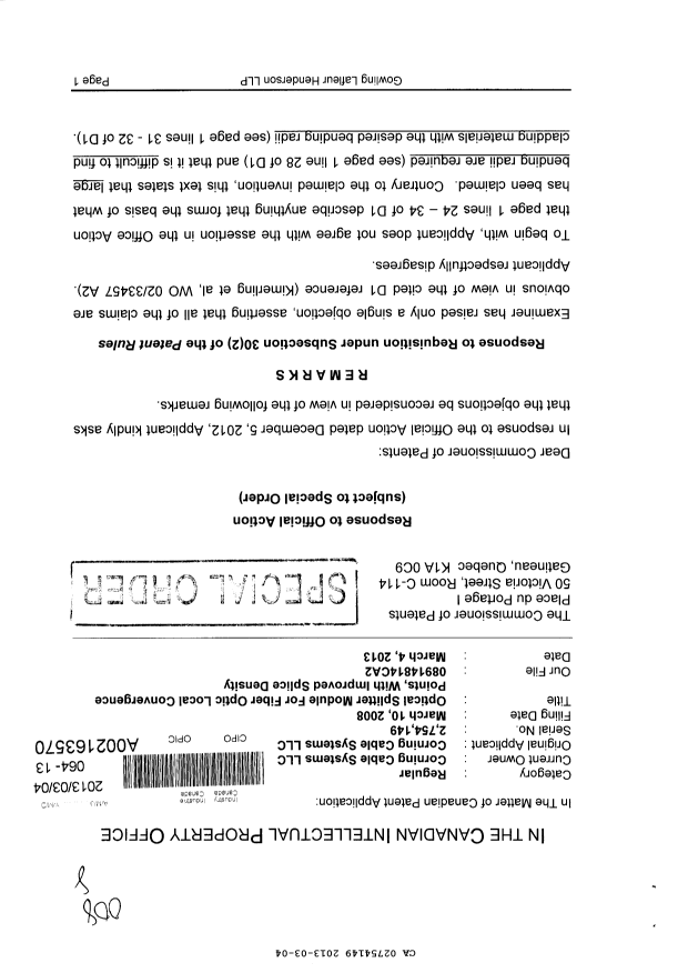 Canadian Patent Document 2754149. Prosecution-Amendment 20121204. Image 1 of 4