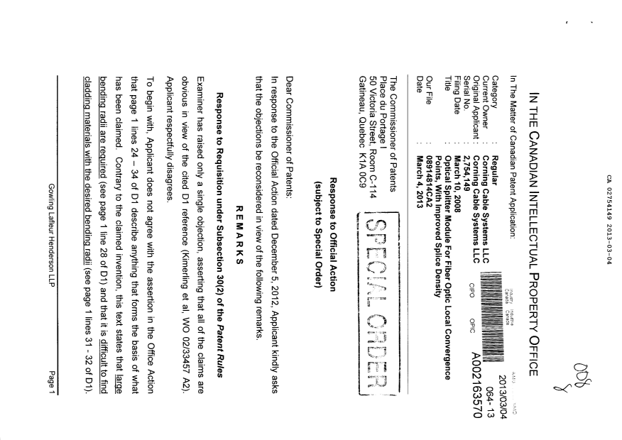 Document de brevet canadien 2754149. Poursuite-Amendment 20121204. Image 1 de 4