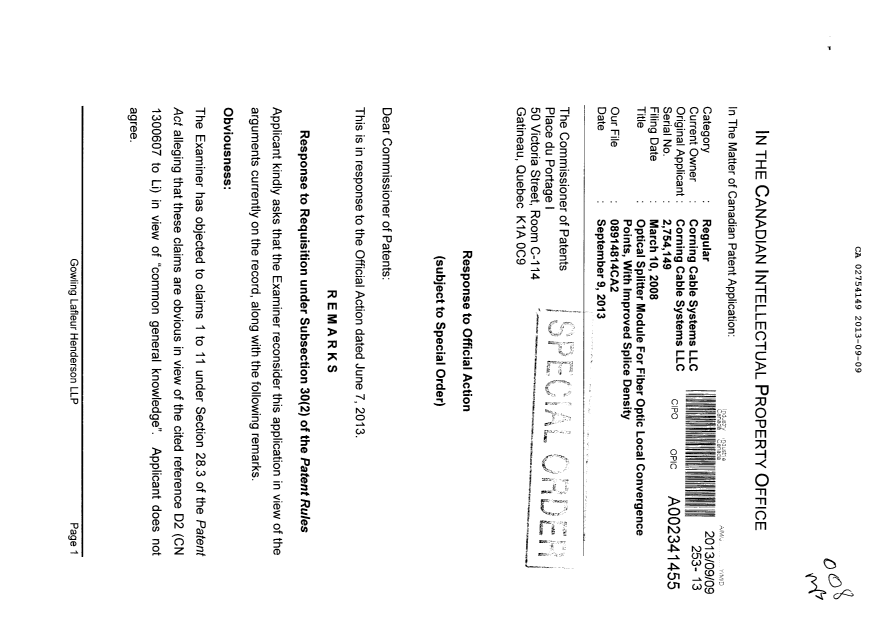Canadian Patent Document 2754149. Prosecution-Amendment 20121209. Image 1 of 6