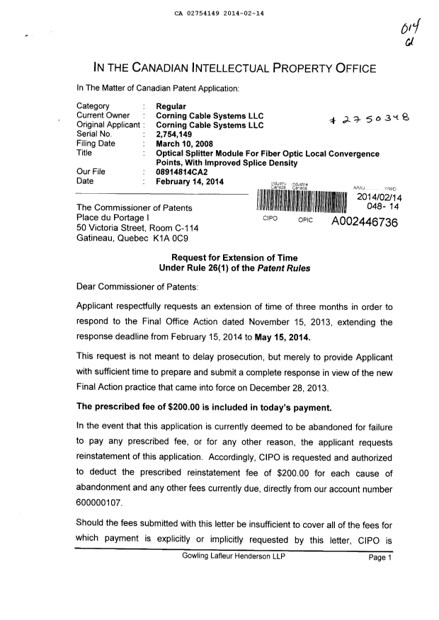 Canadian Patent Document 2754149. Correspondence 20131214. Image 1 of 2