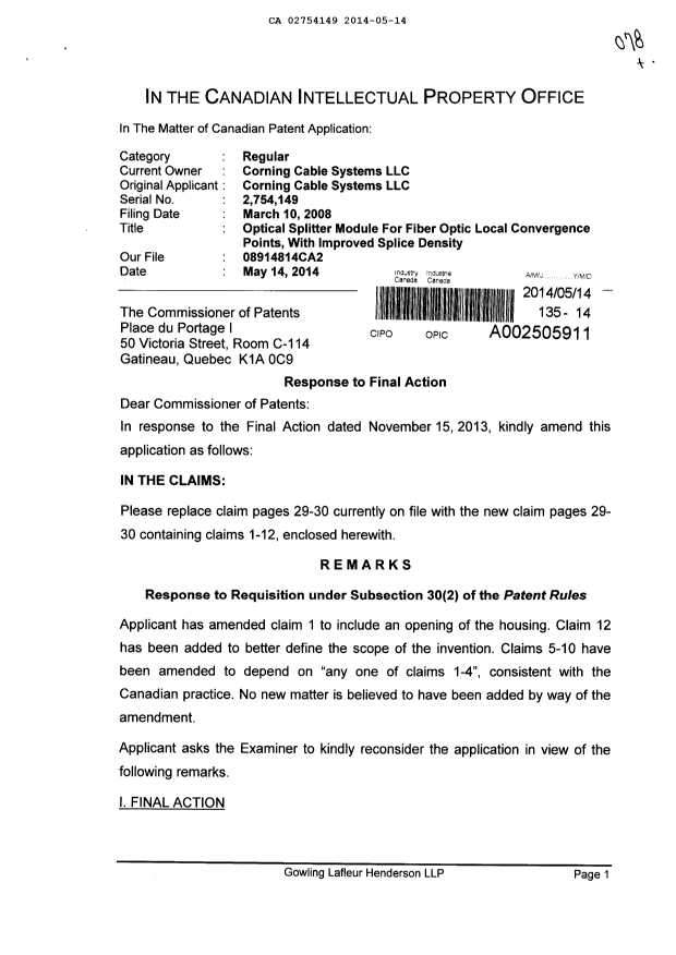 Canadian Patent Document 2754149. Prosecution-Amendment 20131214. Image 1 of 15