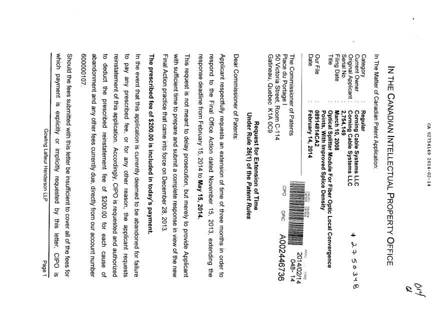Canadian Patent Document 2754149. Correspondence 20131214. Image 1 of 2