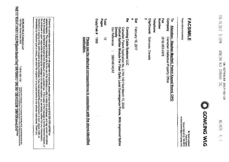 Document de brevet canadien 2754149. Correspondance 20161216. Image 12 de 12