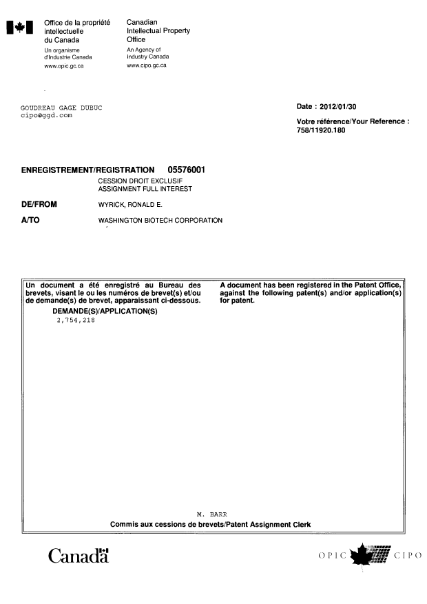 Canadian Patent Document 2754218. Correspondence 20111230. Image 1 of 1