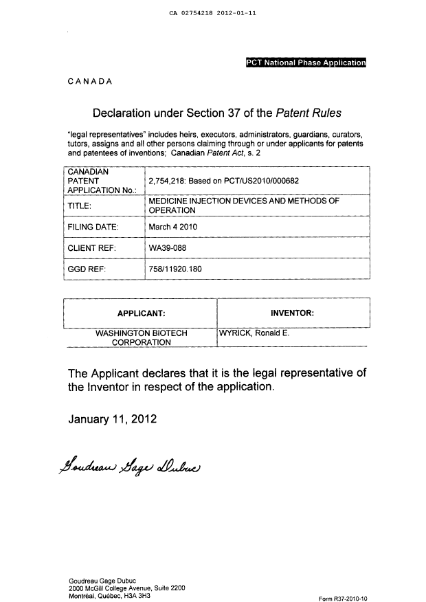 Document de brevet canadien 2754218. Correspondance 20120111. Image 2 de 2