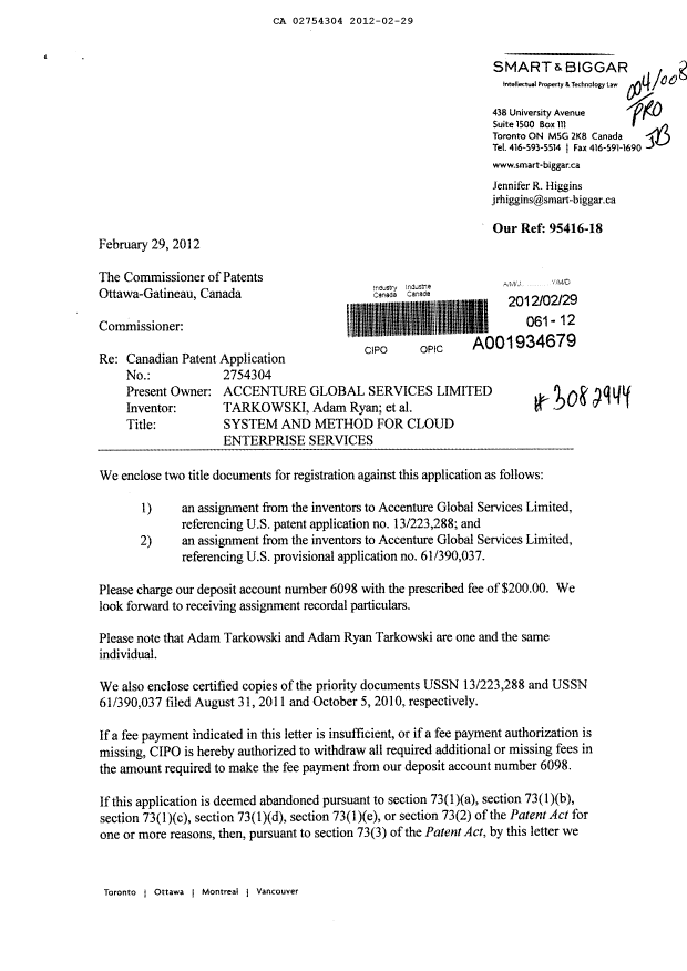 Document de brevet canadien 2754304. Cession 20120229. Image 1 de 15