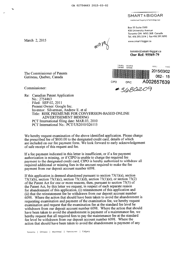 Canadian Patent Document 2754463. Prosecution-Amendment 20150302. Image 1 of 2