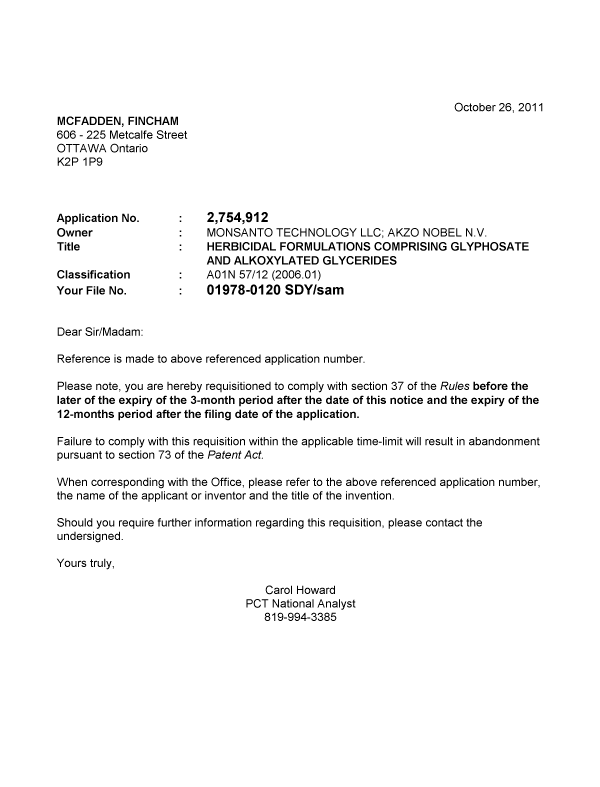 Document de brevet canadien 2754912. Correspondance 20111026. Image 1 de 1