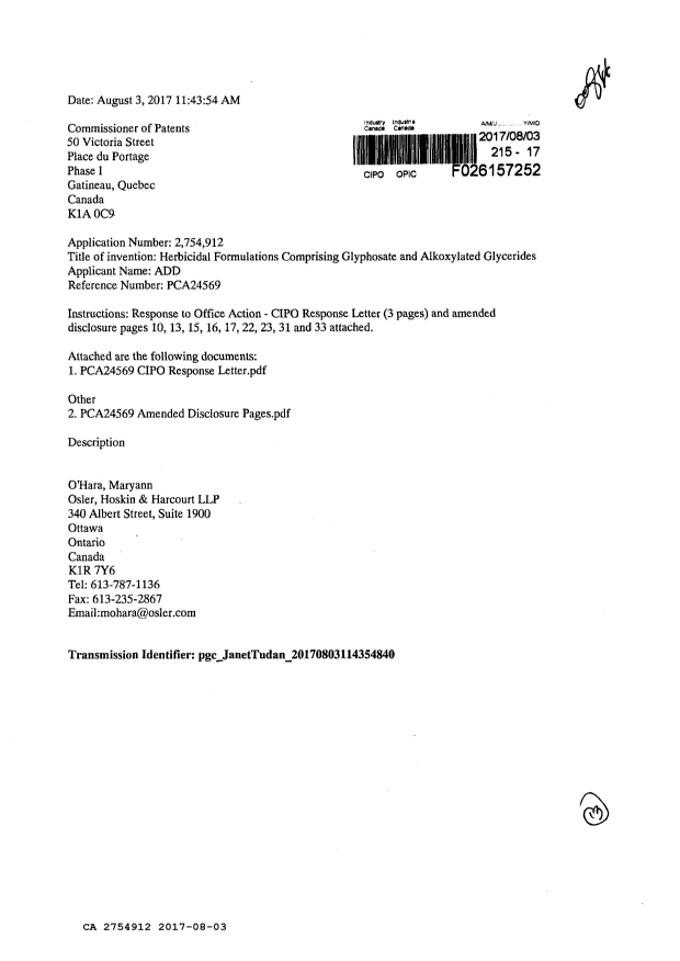 Canadian Patent Document 2754912. Amendment 20170803. Image 1 of 13