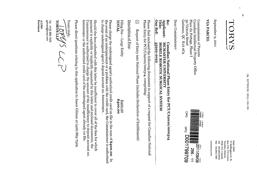 Canadian Patent Document 2755036. Assignment 20110909. Image 1 of 2