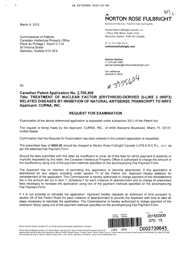 Canadian Patent Document 2755409. Prosecution-Amendment 20150309. Image 1 of 2