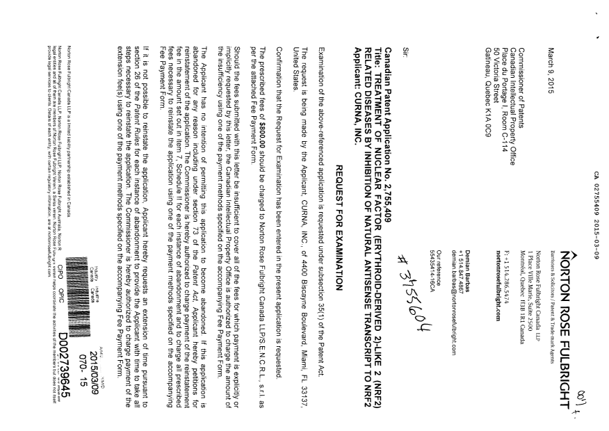 Document de brevet canadien 2755409. Poursuite-Amendment 20150309. Image 1 de 2