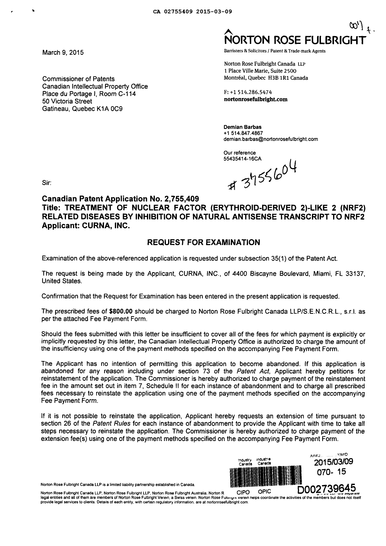 Document de brevet canadien 2755409. Poursuite-Amendment 20150309. Image 1 de 2