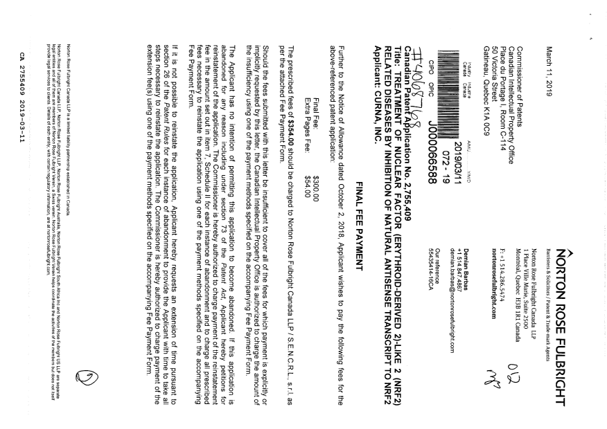 Document de brevet canadien 2755409. Taxe finale 20190311. Image 1 de 2