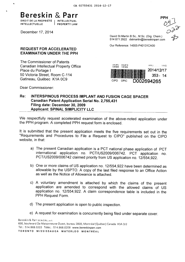 Document de brevet canadien 2755431. Poursuite-Amendment 20141217. Image 1 de 11