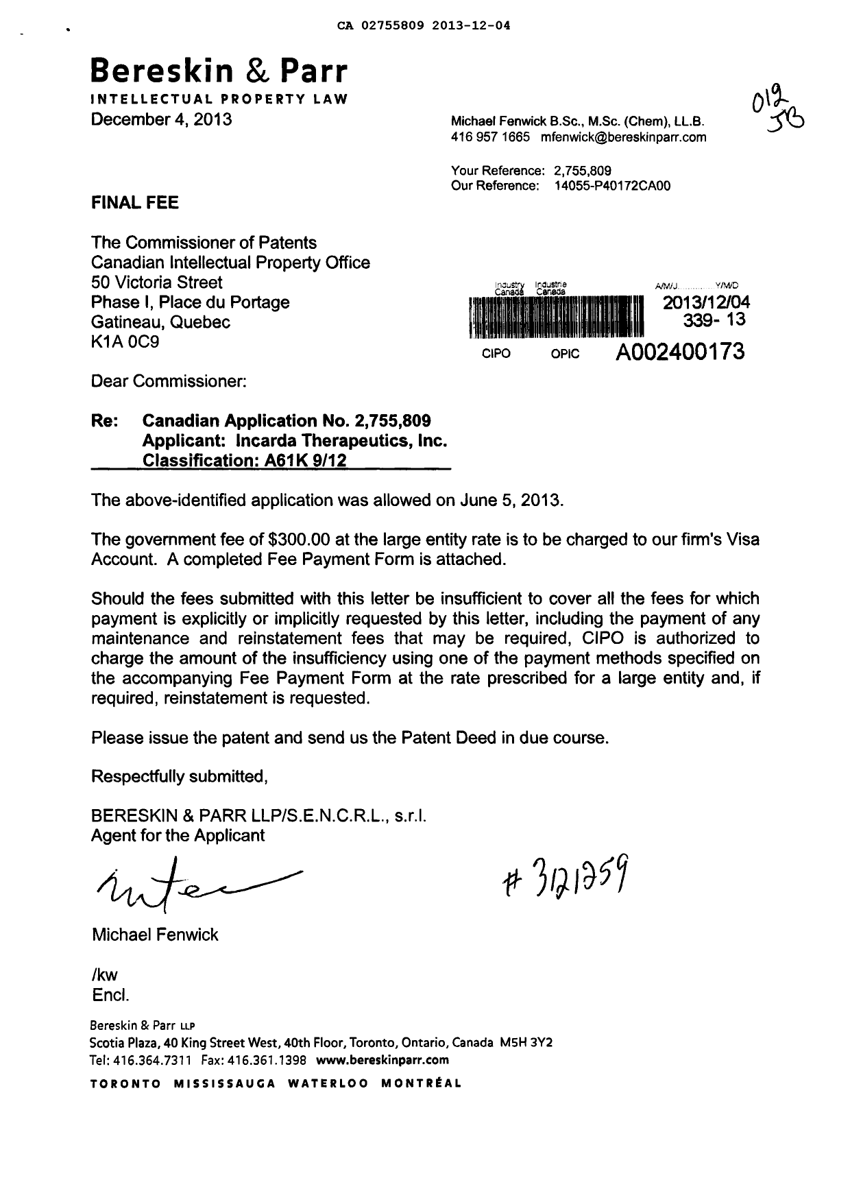 Canadian Patent Document 2755809. Correspondence 20131204. Image 1 of 1