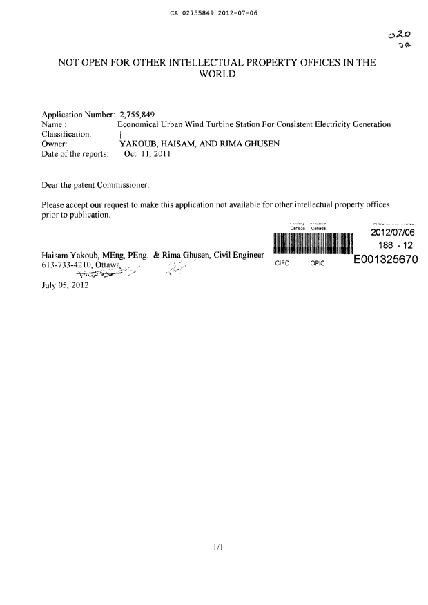 Document de brevet canadien 2755849. Correspondance 20111206. Image 1 de 1
