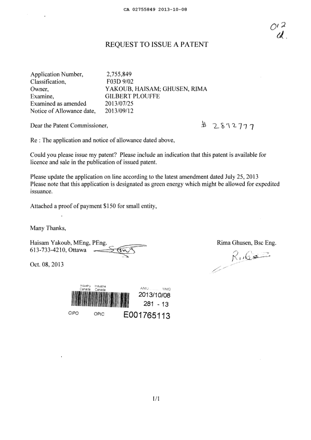 Document de brevet canadien 2755849. Correspondance 20121208. Image 1 de 1