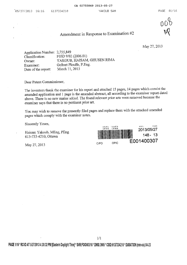 Document de brevet canadien 2755849. Poursuite-Amendment 20121227. Image 1 de 16