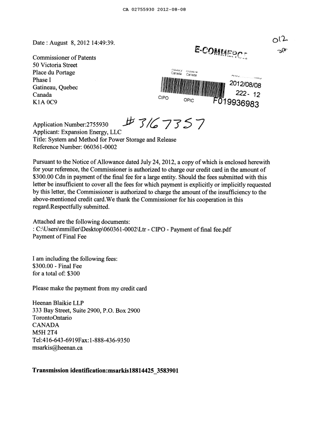Document de brevet canadien 2755930. Correspondance 20111208. Image 1 de 3