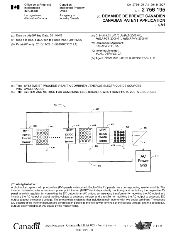 Document de brevet canadien 2756195. Page couverture 20101223. Image 1 de 1