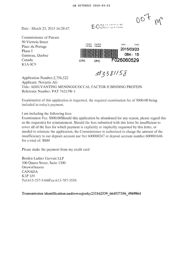 Document de brevet canadien 2756522. Poursuite-Amendment 20150323. Image 1 de 1