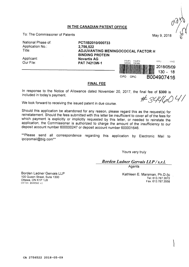Canadian Patent Document 2756522. Final Fee 20180509. Image 1 of 1