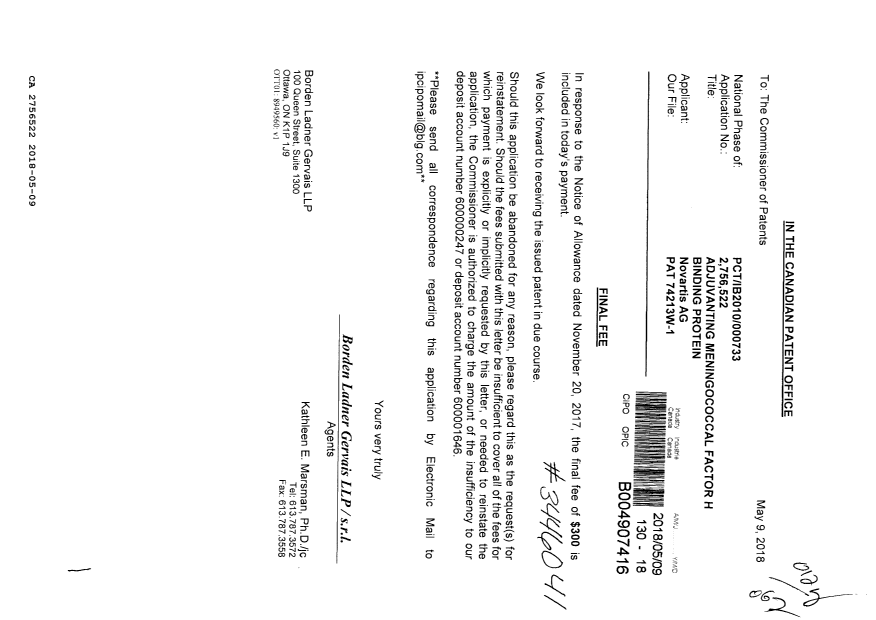 Canadian Patent Document 2756522. Final Fee 20180509. Image 1 of 1