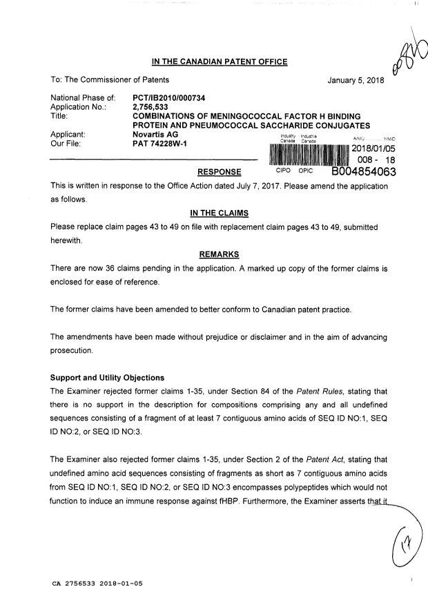 Canadian Patent Document 2756533. Amendment 20180105. Image 1 of 17