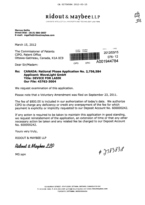 Document de brevet canadien 2756584. Poursuite-Amendment 20120315. Image 1 de 1
