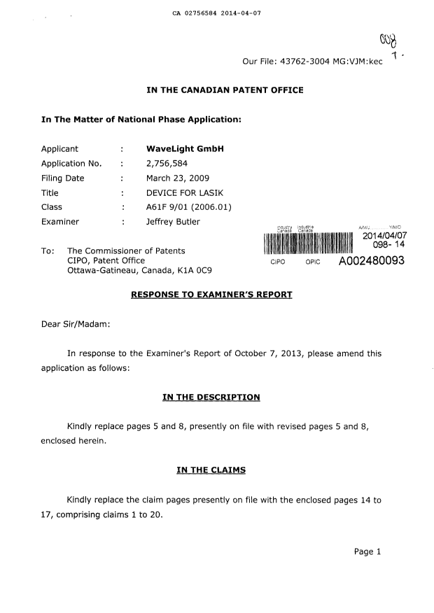 Canadian Patent Document 2756584. Prosecution-Amendment 20131207. Image 1 of 12