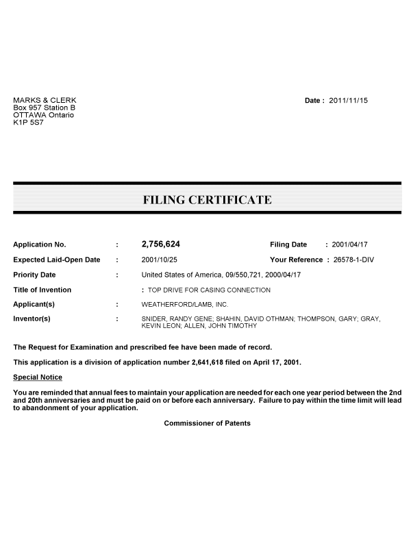 Canadian Patent Document 2756624. Correspondence 20101215. Image 1 of 1