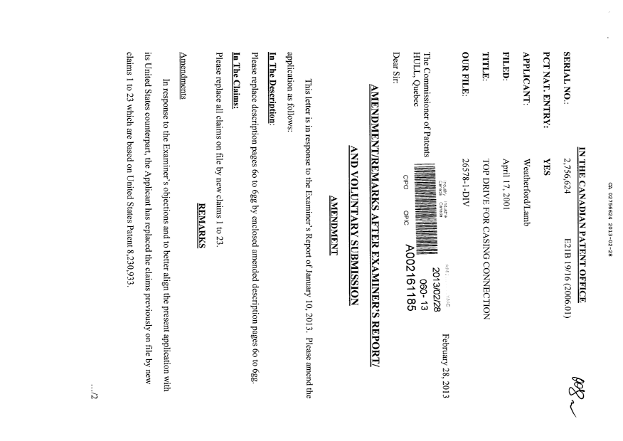 Canadian Patent Document 2756624. Prosecution-Amendment 20130228. Image 1 of 26