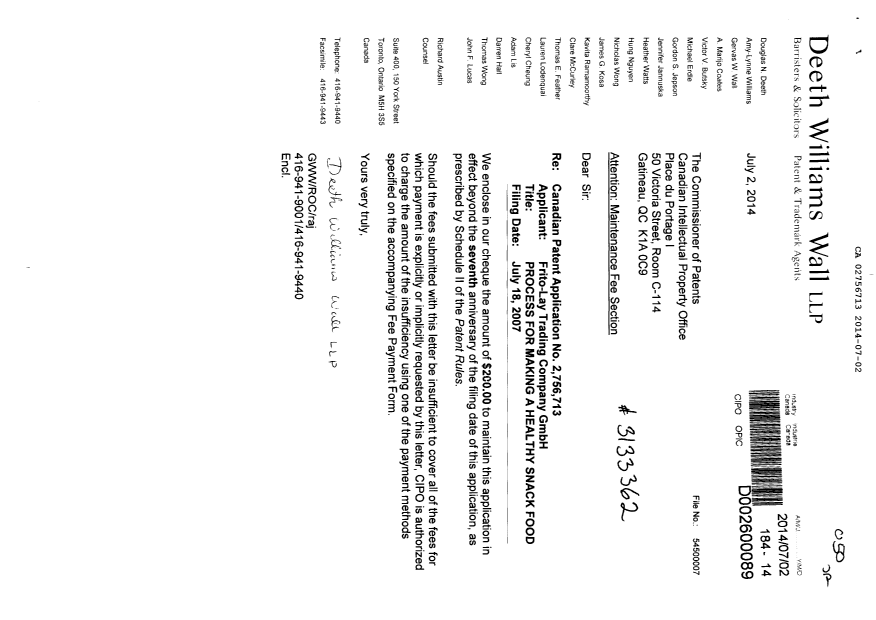 Canadian Patent Document 2756713. Fees 20140702. Image 1 of 1