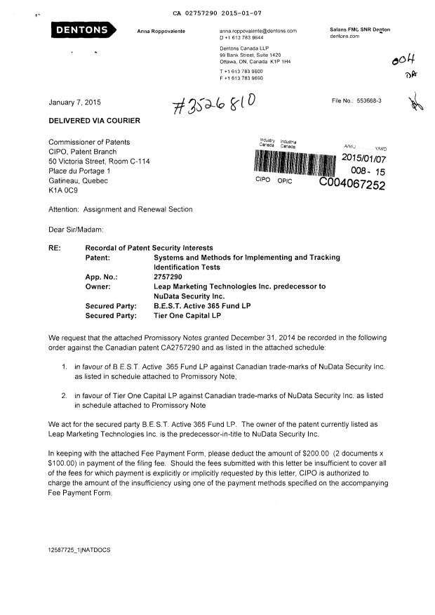 Canadian Patent Document 2757290. Assignment 20150107. Image 1 of 39