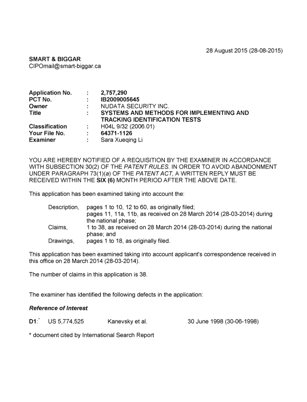 Canadian Patent Document 2757290. Examiner Requisition 20150828. Image 1 of 4