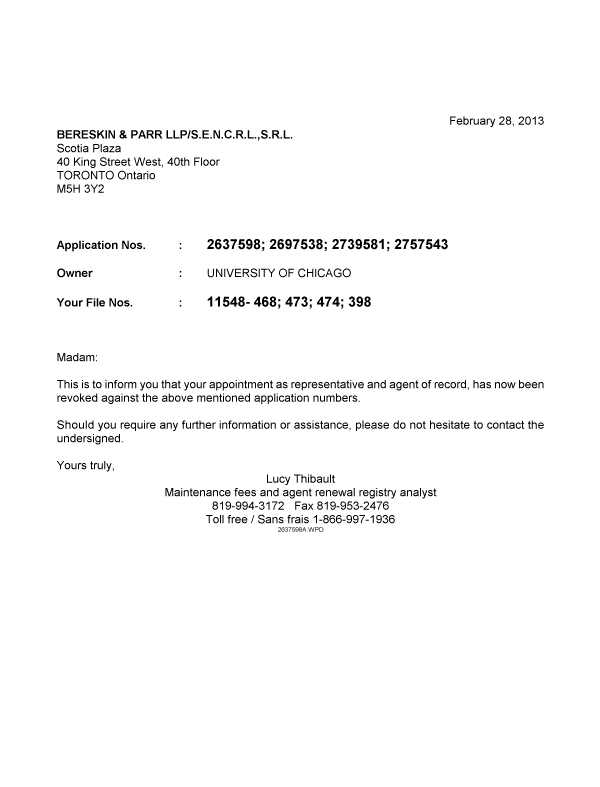 Document de brevet canadien 2757543. Correspondance 20130228. Image 1 de 1
