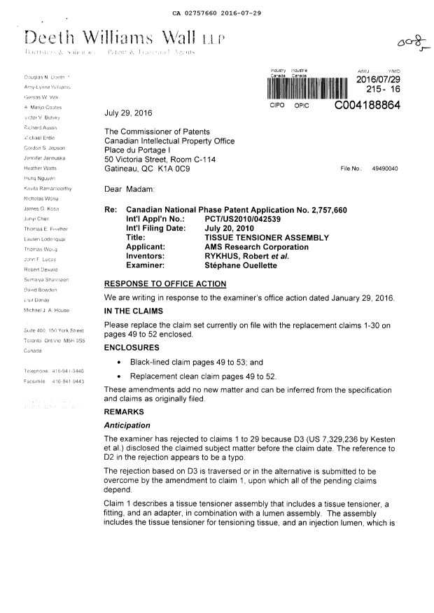 Document de brevet canadien 2757660. Modification 20160729. Image 1 de 12