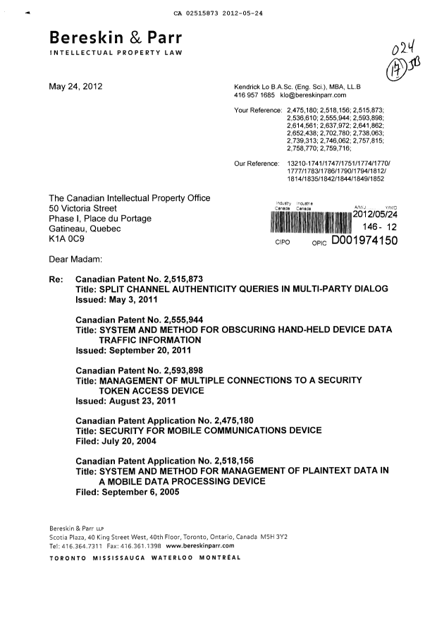 Canadian Patent Document 2757815. Correspondence 20120524. Image 1 of 5