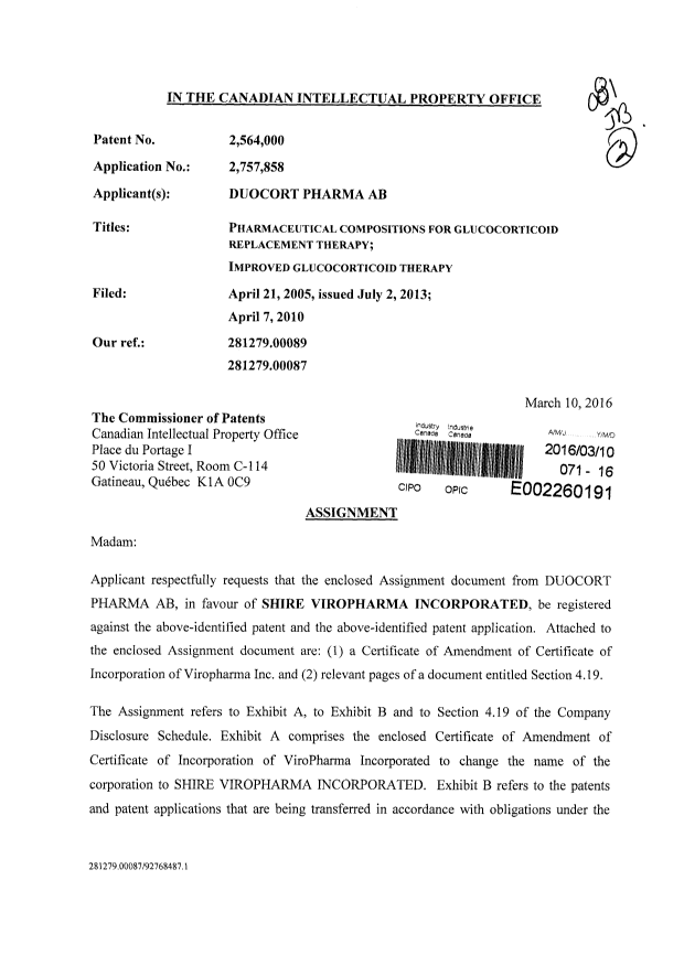 Document de brevet canadien 2757858. Cession 20160310. Image 1 de 17