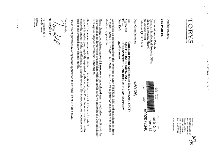 Canadian Patent Document 2757969. Assignment 20121010. Image 1 of 6