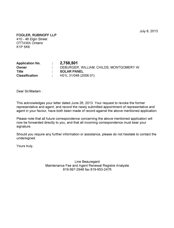 Document de brevet canadien 2758501. Correspondance 20121208. Image 1 de 1