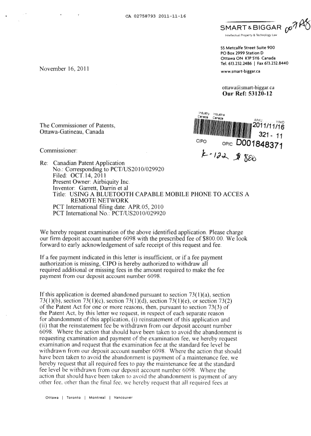 Canadian Patent Document 2758793. Prosecution-Amendment 20111116. Image 1 of 2