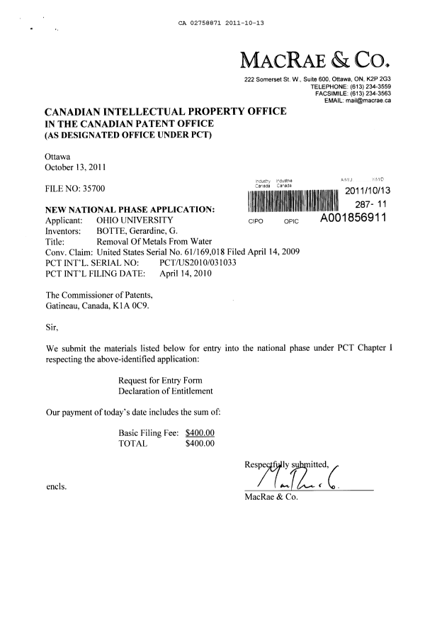 Canadian Patent Document 2758871. Assignment 20111013. Image 1 of 4