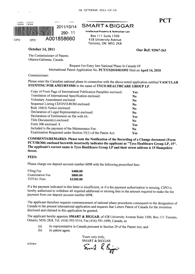 Canadian Patent Document 2758946. Assignment 20111014. Image 1 of 1