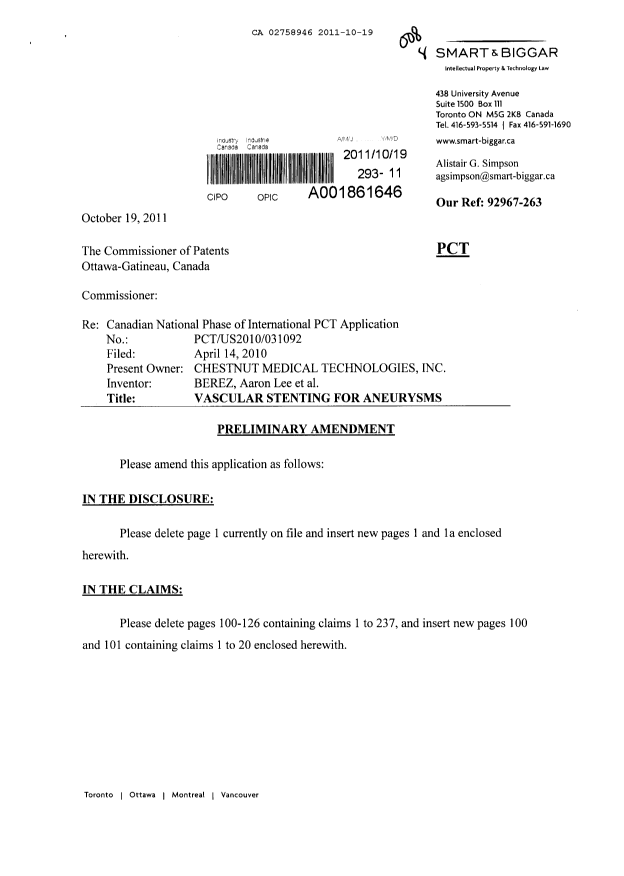 Canadian Patent Document 2758946. Prosecution-Amendment 20111019. Image 1 of 7