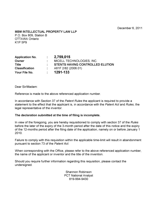 Canadian Patent Document 2759015. Correspondence 20101206. Image 1 of 1